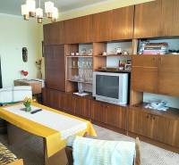 Wohnzimmer in einer 2-Zimmer-Wohnung mit Holzmöbeln und einem Retro-Fernseher.