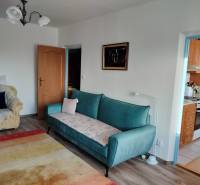 Wohnzimmer in einer 2-Zimmer-Wohnung mit Sofa und Sessel, Holzboden.