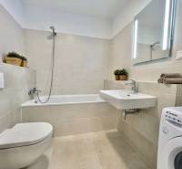 Badezimmer in einer 2-Zimmer-Wohnung mit Dusche, Badewanne, Waschmaschine und Waschbecken.