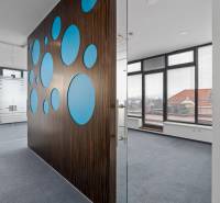 Elegante Büros mit blauen Kreisen an der Wand, verglasten Trennwänden und Aussicht.