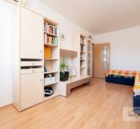 Ein Zimmer mit einem Holzboden enthält Möbel, Regale, ein Doppelbett und eine bunte Decke.