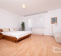 Schlafzimmer mit Bett, Sofa und Holzboden in einer 3-Zimmer-Wohnung.