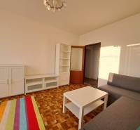 Wohnzimmer mit weißen Schränken, grauem Sofa und Holzboden in einer Zweizimmerwohnung.