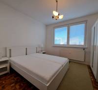 Helles Schlafzimmer in einer 2-Zimmer-Wohnung mit Holzboden.