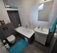 Badezimmer in einem Einfamilienhaus mit Badewanne, Waschbecken und Toilette, Fliesen mit dunklem Dekor.