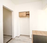 Küche in einer 2-Zimmer-Wohnung mit Holzboden und Einbauschrank.