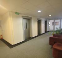 Innenraum eines Büros mit Aufzügen und Sofa, weiße Wand, Piktogramme „EXIT“.