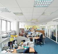 Kancelárie s kobercovou podlahou, veľkými oknami a množstvom pracovných stolov.