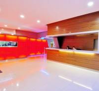 Büros mit hellem Boden und Rezeption im dekorativen Holzstil.