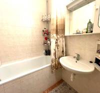 Badezimmer in einer Einzimmerwohnung mit Badewanne, Spiegel und Fliesen an den Wänden.