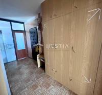 Flur in einer 3-Zimmer-Wohnung mit einem Schrank und einem Boden in Holzoptik.