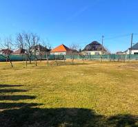 Der Garten des Einfamilienhauses in Zemianska Olča mit Rasen und Obstbäumen.