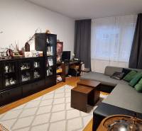 Wohnzimmer einer 4-Zimmer-Wohnung mit Sofa, Aufbewahrungsschränken und Boden in Holzoptik.