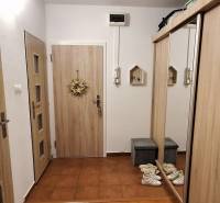 Flur in einer 4-Zimmer-Wohnung mit Kleiderhaken und einem Spiegelschrank auf einem Boden mit Holzdekor.