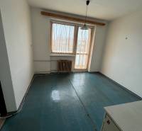 Einfaches Zimmer in einer Einzimmerwohnung mit Fenster und Heizkörper, Boden mit dunklem Dekor.