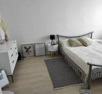 Schlafzimmer in einer 2-Zimmer-Wohnung mit hellen Möbeln und einem Boden in Holzoptik.