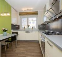 Küche in einer 2-Zimmer-Wohnung mit Holzboden und grüner Wand.