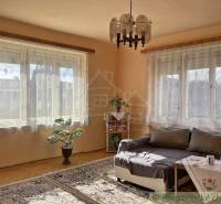 Wohnzimmer in einem Einfamilienhaus mit Sofa, Tisch, Pflanze und Boden in Holzoptik.