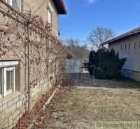 Ein Einfamilienhaus in Bretka mit alter Fassade, Weinreben und einem Hof mit Bäumen.