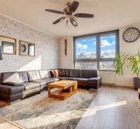 Wohnzimmer in einer 3-Zimmer-Wohnung mit Ledersofa, Holzboden und großen Fenstern.