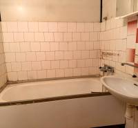 Badezimmer in einer 2-Zimmer-Wohnung mit Badewanne, Waschbecken und älteren Wandfliesen.