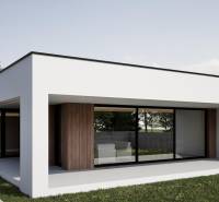 Ein Einfamilienhaus in Nesvady mit großen Fenstern und Holzverkleidung im Garten.