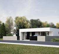 Ein Einfamilienhaus in Nesvady mit minimalistischem Design, umgeben von Grün.