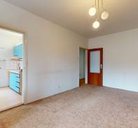 Wohnzimmer in einer Zweizimmerwohnung mit Teppichboden und Holzmöbeln, offene Tür zur Küche.