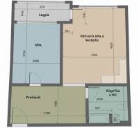 Grundriss einer 2-Zimmer-Wohnung mit Loggia, Diele, Wohnzimmer, Badezimmer und Schlafzimmer.