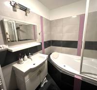 Badezimmer mit Badewanne, Waschbecken und Spiegel in einer 2-Zimmer-Wohnung.