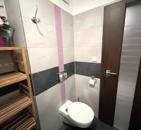 Badezimmer in einer 2-Zimmer-Wohnung mit Toilette, Holzregal und dekorativen Blumen.