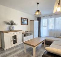 Wohnzimmer in einer 2-Zimmer-Wohnung mit Holzboden, Sofa und weißen Möbeln.