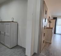 Eingangsbereich und Wohnzimmer in einer Zweizimmerwohnung mit Holzboden.