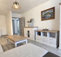 Wohnzimmer in einer Zweizimmerwohnung mit hellen Möbeln und einem Boden in Holzoptik.