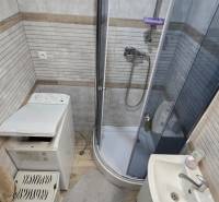 Badezimmer mit Dusche und Waschbecken in einer 2-Zimmer-Wohnung, Boden mit Holzdekor.