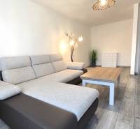 Wohnzimmer mit Sofa und Holzboden in einer Zweizimmerwohnung.