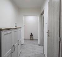 Der Flur mit einem Holzboden in einer Zweizimmerwohnung, Möbel auf der linken Seite.