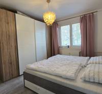Schlafzimmer in einer 2-Zimmer-Wohnung mit großem Schrank und Bett, Boden mit Holzdekor.