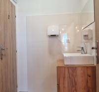 Innenraum eines Gastronomiebereichs mit hellen Wänden, einem Boden in Holzoptik und einem Waschbecken.