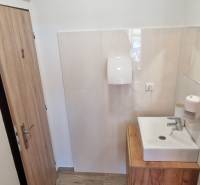 Badezimmer mit Waschbecken und Boden in Holzoptik in Gastronomiebereichen.