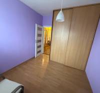 Lila Wände, Einbauschrank und Boden mit Holzdekor in einer 3-Zimmer-Wohnung.