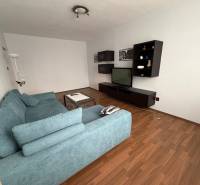 Wohnzimmer mit Fernseher, blauem Sofa und Holzboden in einer 3-Zimmer-Wohnung.