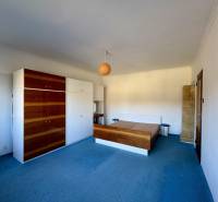 Ein Zimmer in einem Einfamilienhaus mit blauem Teppich, Holzmöbeln und einem einfachen Kronleuchter.