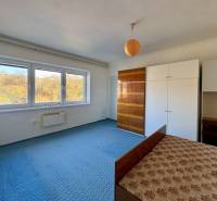 Ein Schlafzimmer in einem Einfamilienhaus mit blauem Teppich, Schränken und großen Fenstern.