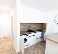 Eine modern eingerichtete Küche mit Holzboden in einem Ferienapartment.