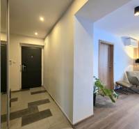 Der Flur geht in das Wohnzimmer mit Holzdekorboden in einer Zweizimmerwohnung über.