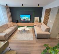Wohnzimmer in einer 2-Zimmer-Wohnung mit Sofas, Fernseher und Holzboden.