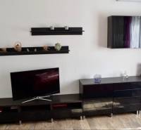 Innenraum einer 2-Zimmer-Wohnung mit dunklen Möbeln und einem Fernseher auf einem Boden mit Holzdekor.