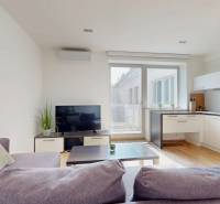 Wohnzimmer und Küche in einer 2-Zimmer-Wohnung mit Holzboden und Möbeln.