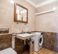 Badezimmer in einem Einfamilienhaus mit Waschmaschine, Waschbecken und Boden mit Holzdekor.